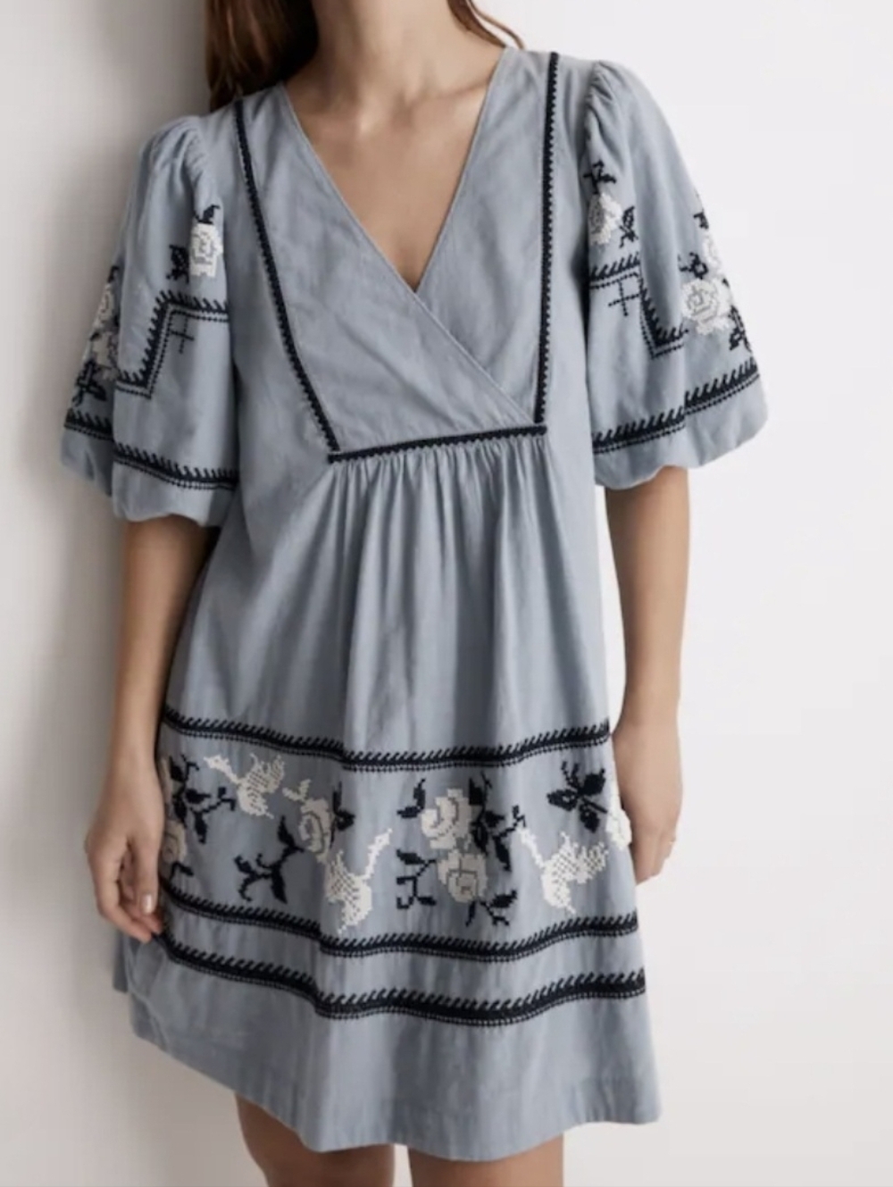 Madewell Embroidered Foldover V-Neck Mini Dress Pockets Cotton
